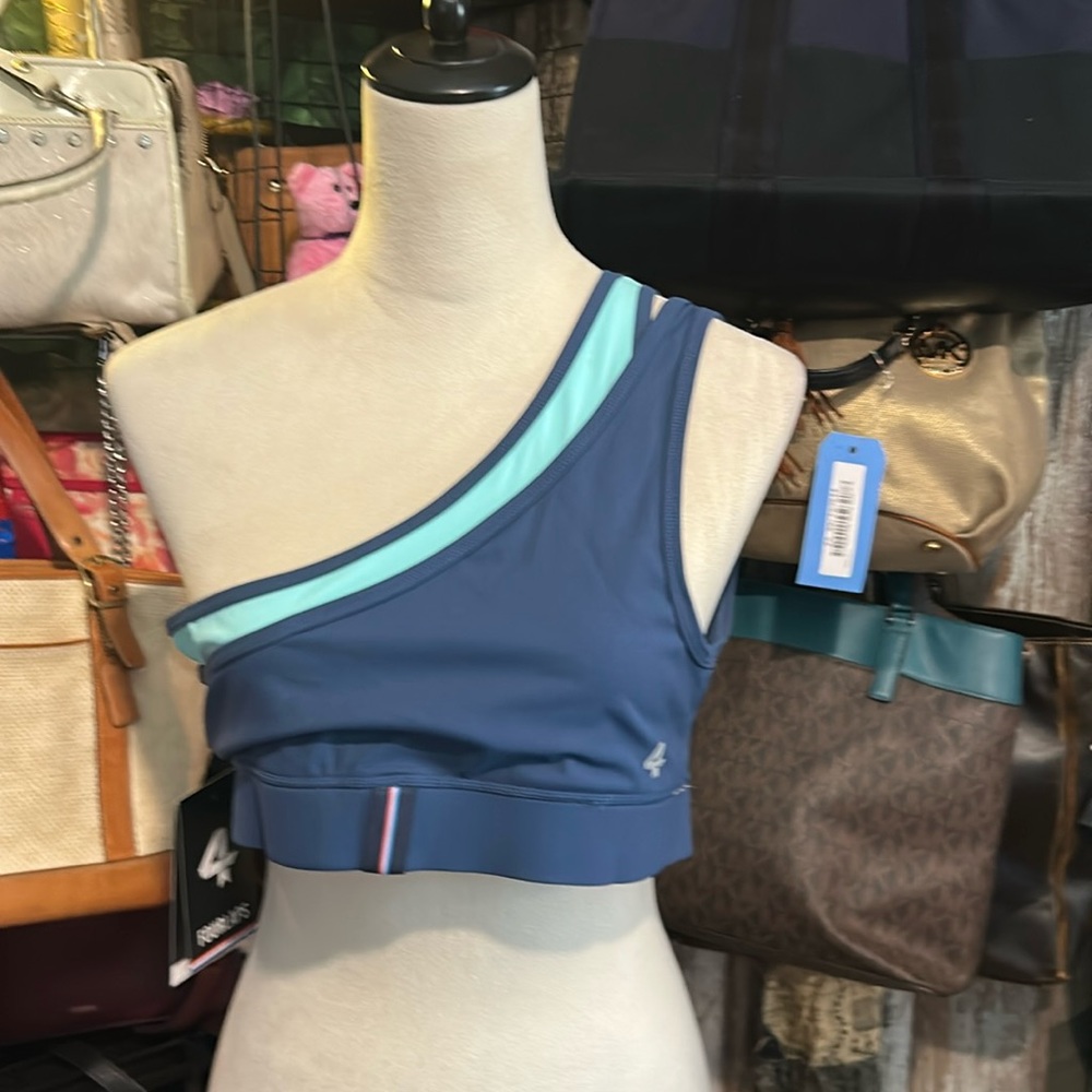 Fourlaps One-Shoulder Navy & Aqua Sports Bra